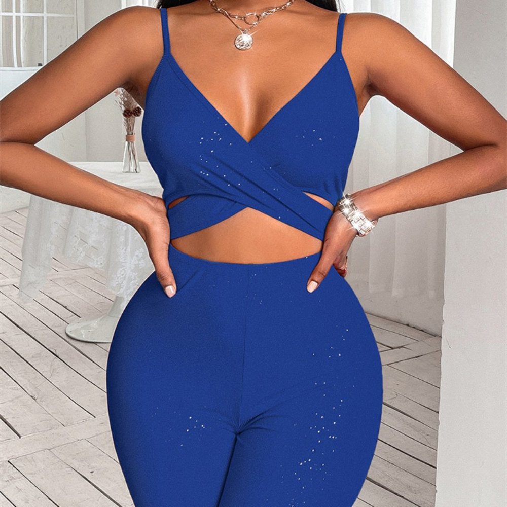 Women's Solid Color Yoga-ready Crossover Crop Cutout Jumpsuit Short Tights